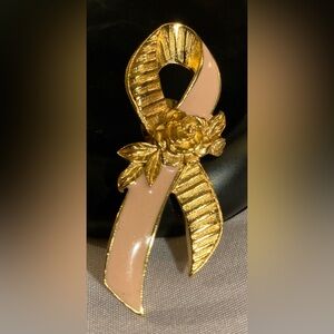 AVON Pink and Gold Floral Ribbon Pin